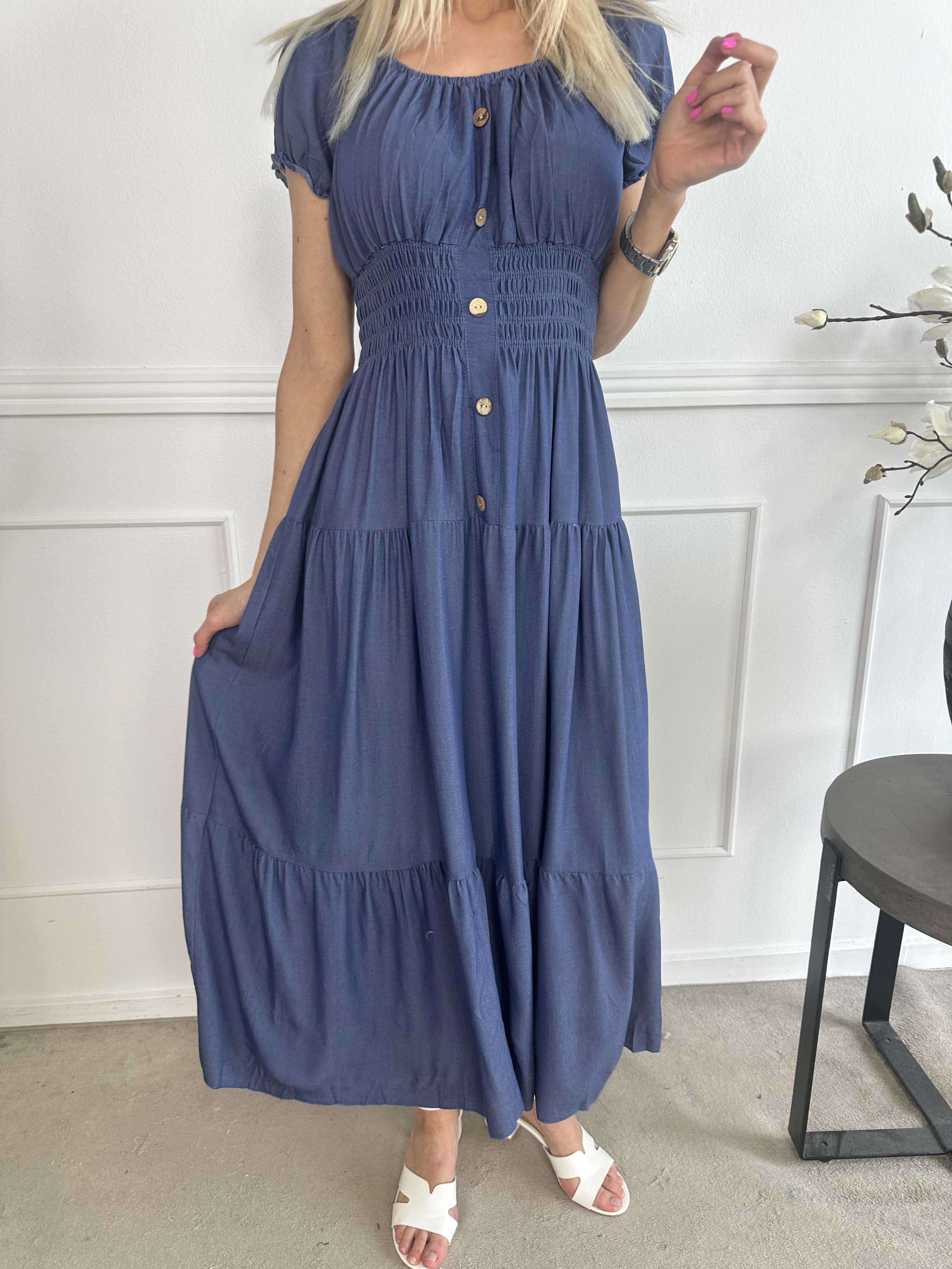 Alexina - Lång klänning i denimlook med resår i midjan